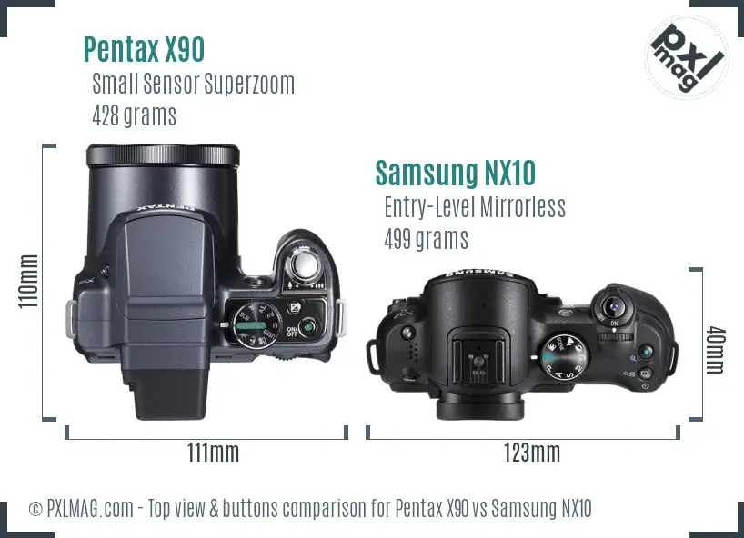 Pentax X90 vs Samsung NX10 top view buttons comparison