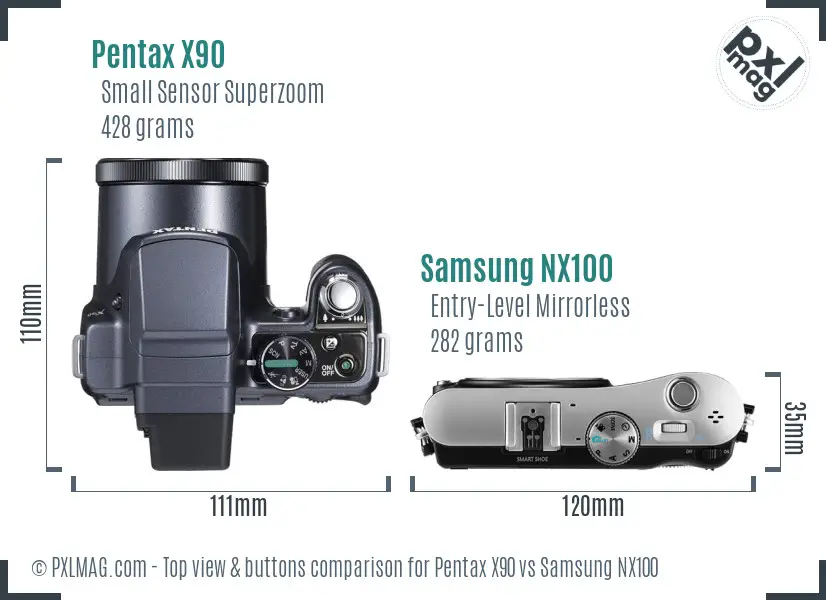 Pentax X90 vs Samsung NX100 top view buttons comparison