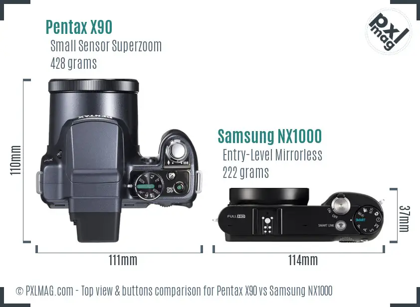 Pentax X90 vs Samsung NX1000 top view buttons comparison