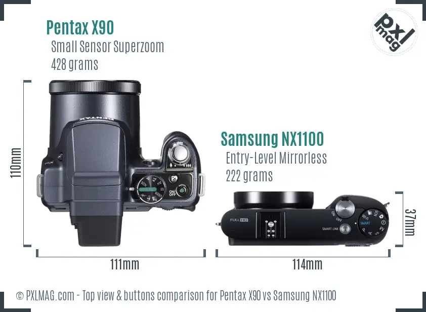 Pentax X90 vs Samsung NX1100 top view buttons comparison