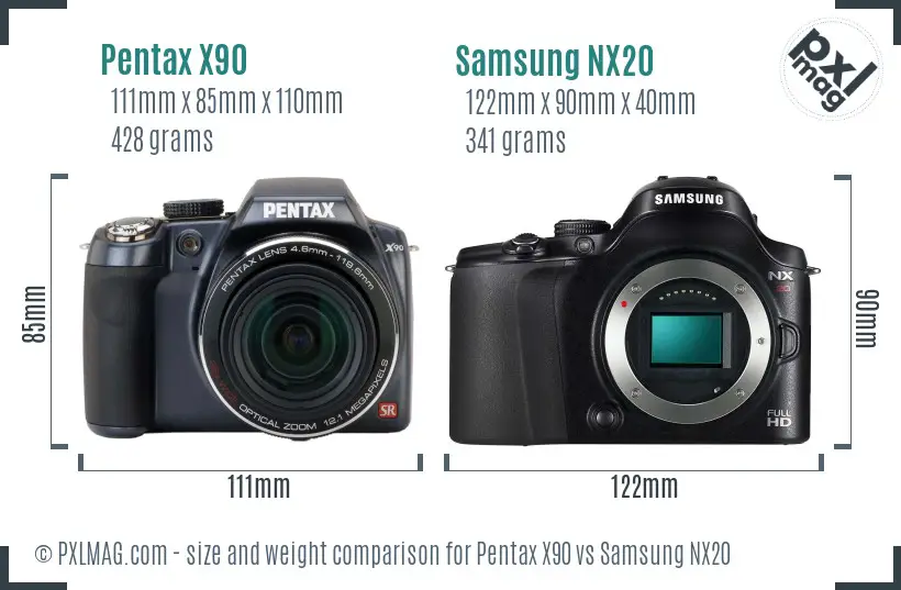 Pentax X90 vs Samsung NX20 size comparison
