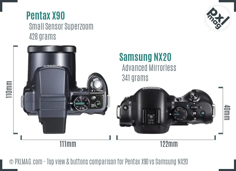 Pentax X90 vs Samsung NX20 top view buttons comparison