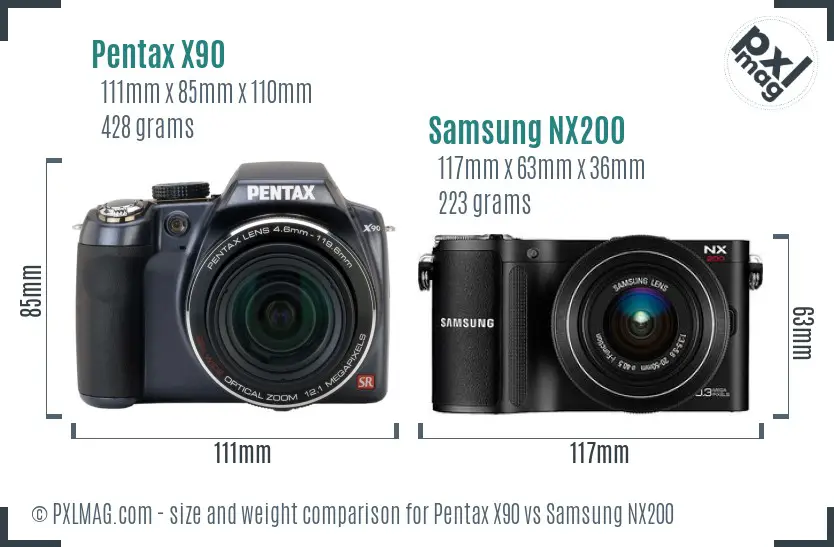 Pentax X90 vs Samsung NX200 size comparison