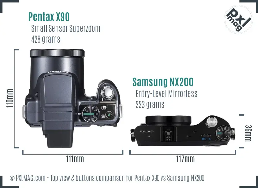 Pentax X90 vs Samsung NX200 top view buttons comparison