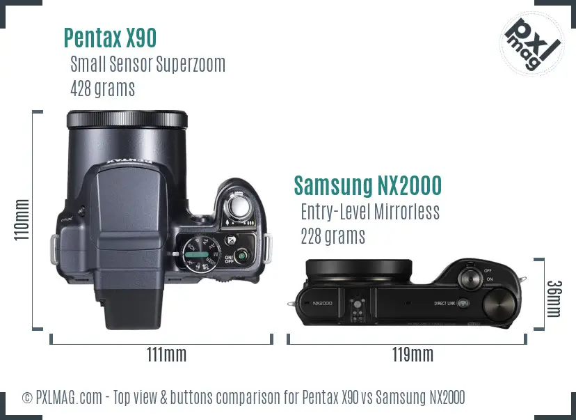 Pentax X90 vs Samsung NX2000 top view buttons comparison