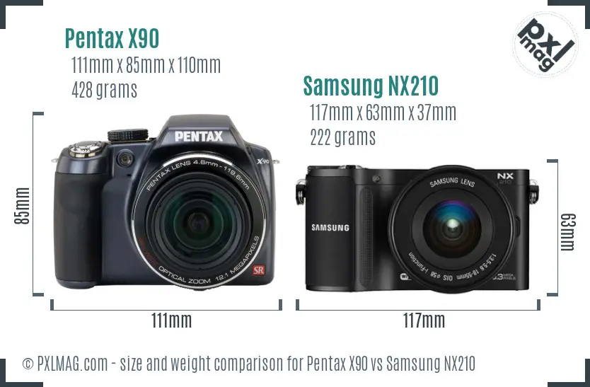 Pentax X90 vs Samsung NX210 size comparison