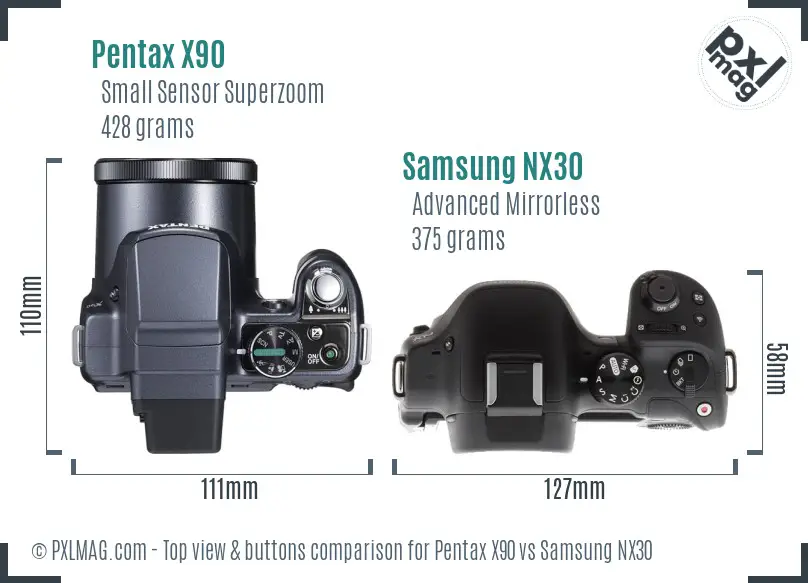 Pentax X90 vs Samsung NX30 top view buttons comparison