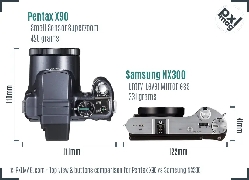 Pentax X90 vs Samsung NX300 top view buttons comparison