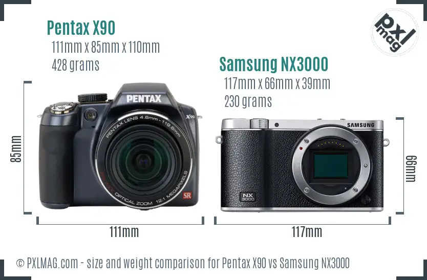Pentax X90 vs Samsung NX3000 size comparison
