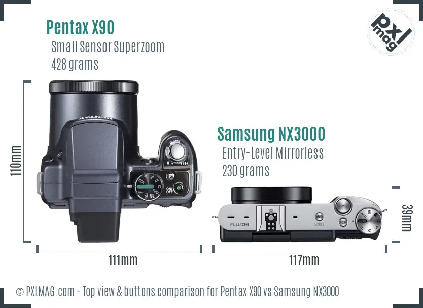 Pentax X90 vs Samsung NX3000 top view buttons comparison