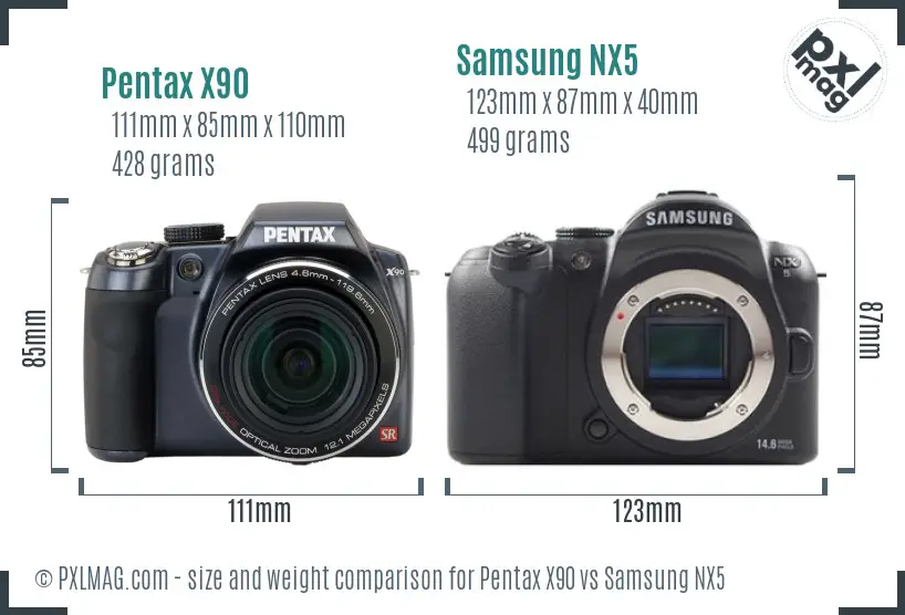 Pentax X90 vs Samsung NX5 size comparison