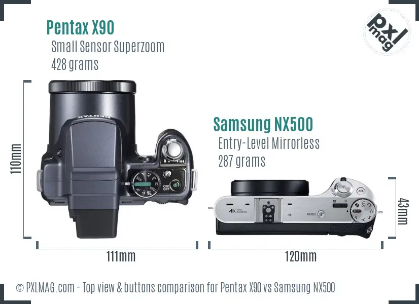 Pentax X90 vs Samsung NX500 top view buttons comparison