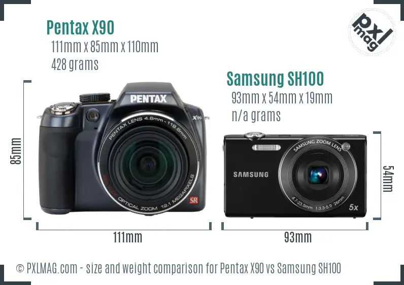 Pentax X90 vs Samsung SH100 size comparison