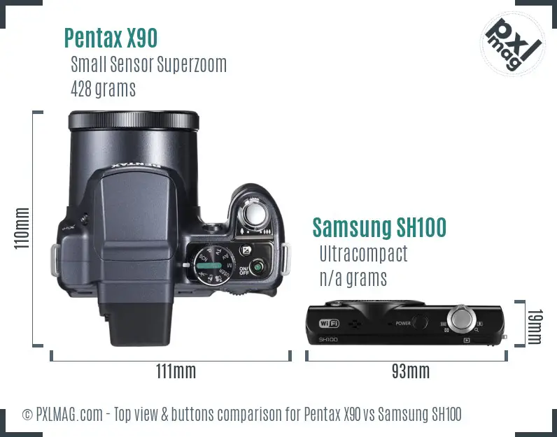 Pentax X90 vs Samsung SH100 top view buttons comparison
