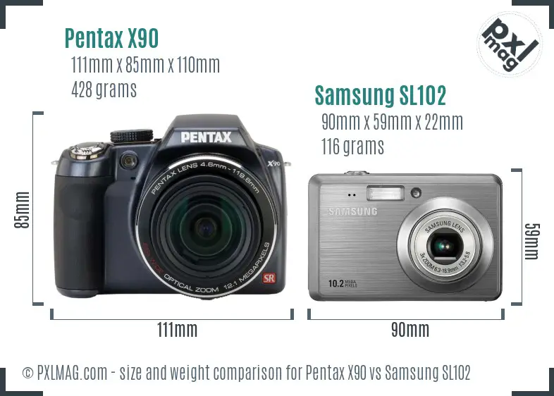 Pentax X90 vs Samsung SL102 size comparison