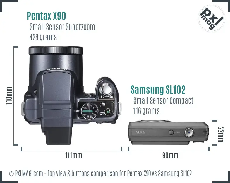 Pentax X90 vs Samsung SL102 top view buttons comparison