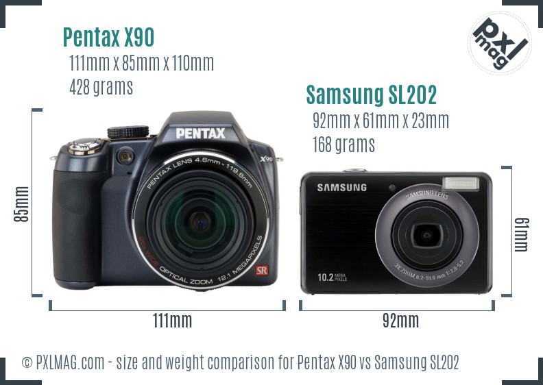 Pentax X90 vs Samsung SL202 size comparison