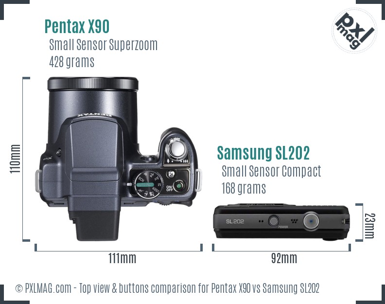 Pentax X90 vs Samsung SL202 top view buttons comparison