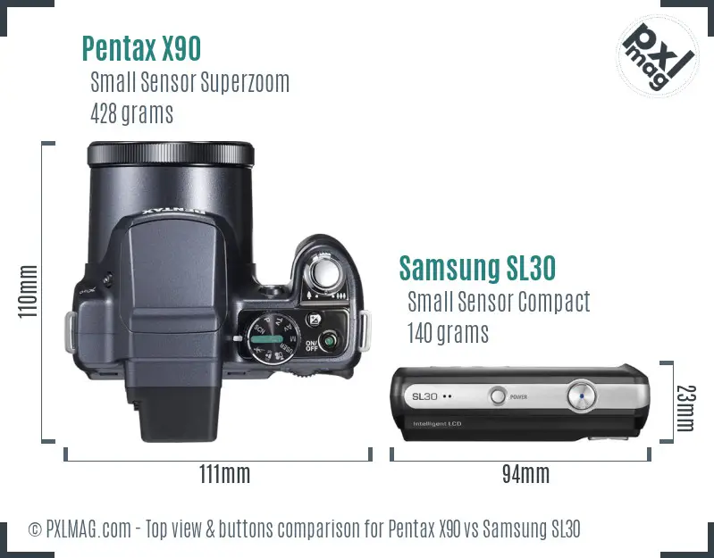 Pentax X90 vs Samsung SL30 top view buttons comparison
