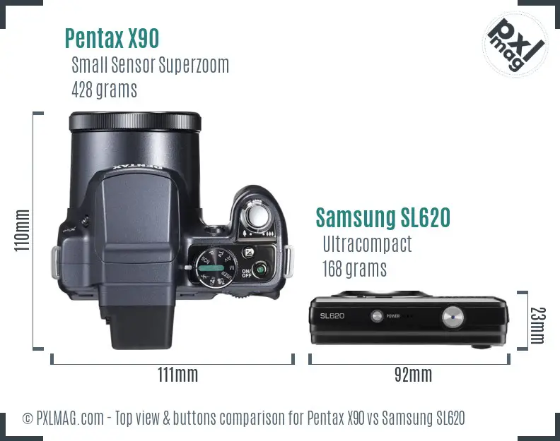 Pentax X90 vs Samsung SL620 top view buttons comparison