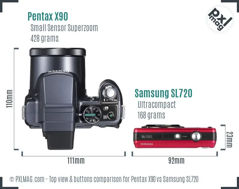 Pentax X90 vs Samsung SL720 top view buttons comparison