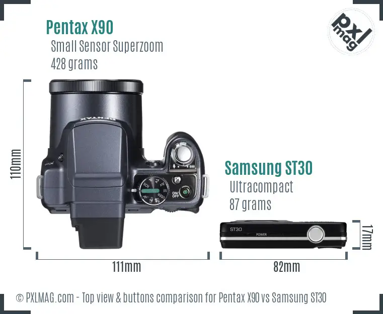 Pentax X90 vs Samsung ST30 top view buttons comparison