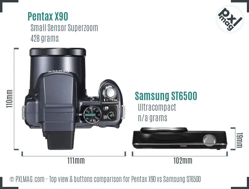 Pentax X90 vs Samsung ST6500 top view buttons comparison