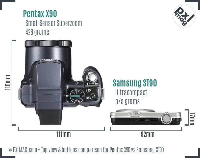Pentax X90 vs Samsung ST90 top view buttons comparison Pentax X90 vs Samsung ST90 top view buttons comparison