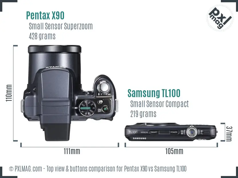 Pentax X90 vs Samsung TL100 top view buttons comparison