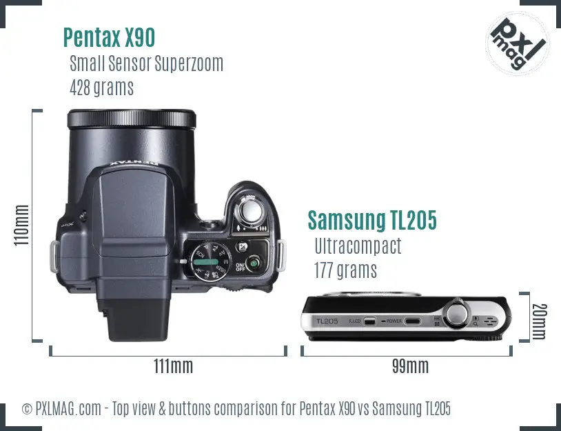 Pentax X90 vs Samsung TL205 top view buttons comparison