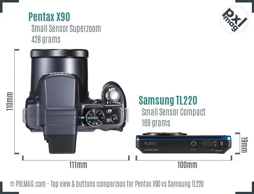 Pentax X90 vs Samsung TL220 top view buttons comparison Pentax X90 vs Samsung TL220 top view buttons comparison
