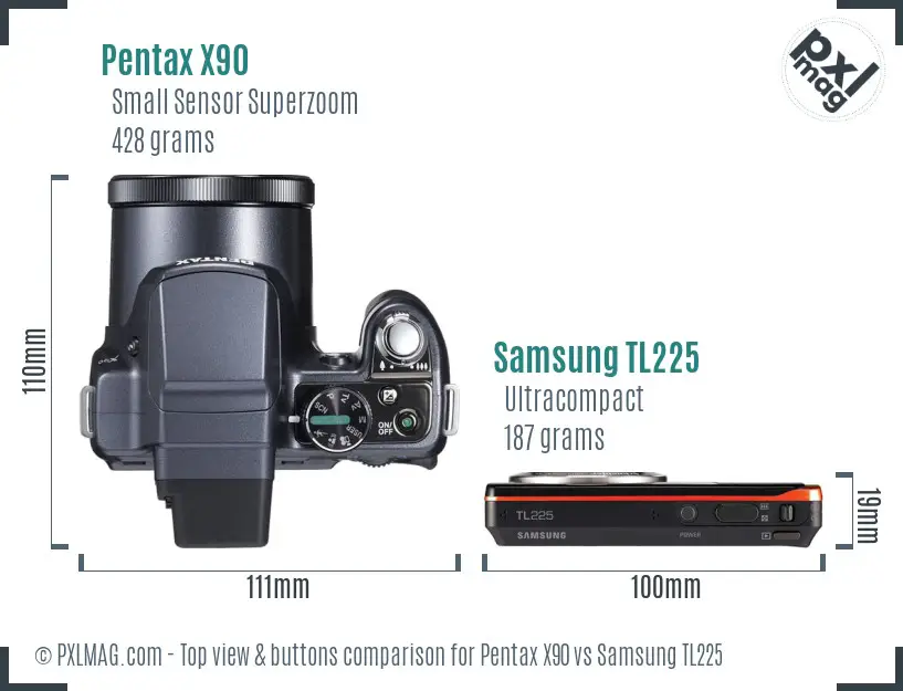 Pentax X90 vs Samsung TL225 top view buttons comparison