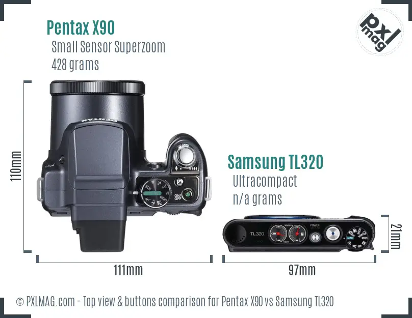 Pentax X90 vs Samsung TL320 top view buttons comparison