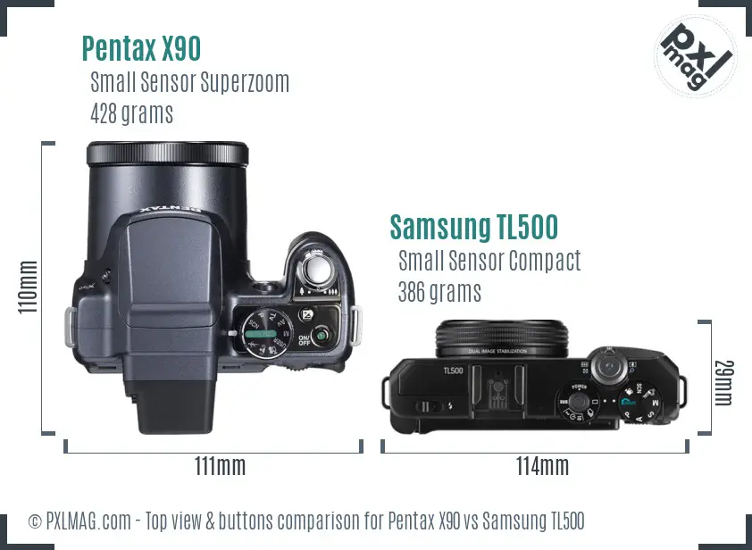 Pentax X90 vs Samsung TL500 top view buttons comparison