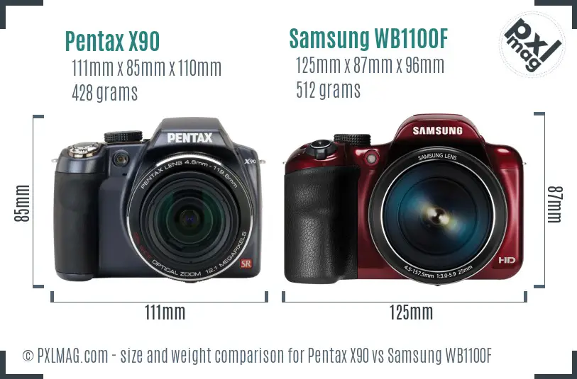 Pentax X90 vs Samsung WB1100F size comparison