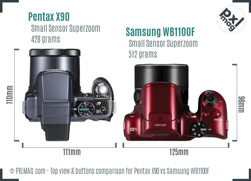 Pentax X90 vs Samsung WB1100F top view buttons comparison
