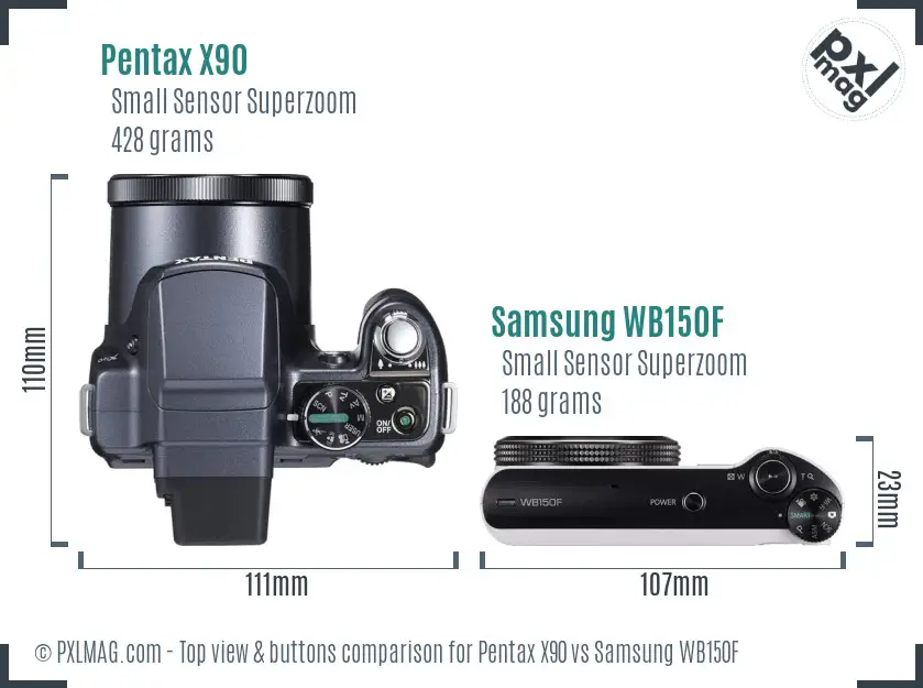 Pentax X90 vs Samsung WB150F top view buttons comparison