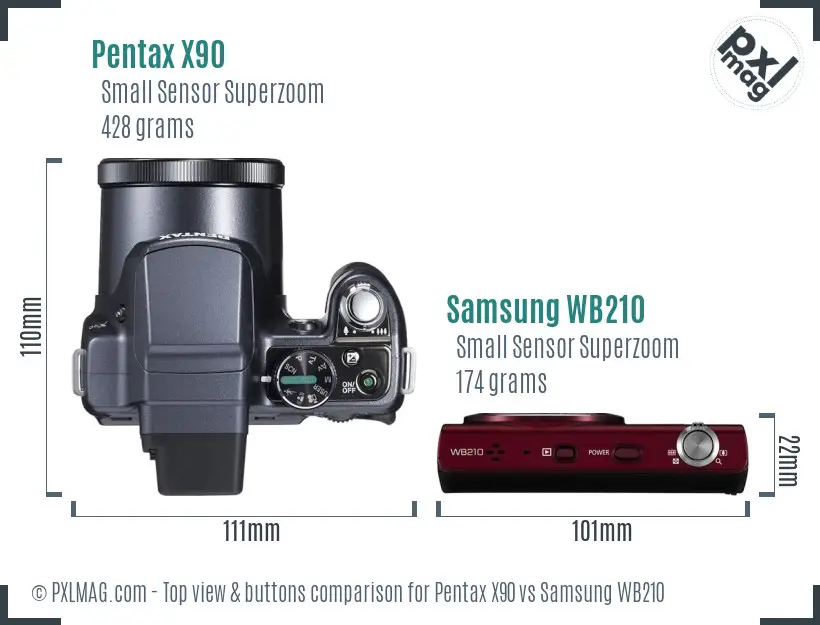 Pentax X90 vs Samsung WB210 top view buttons comparison