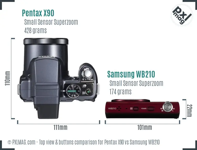 Pentax X90 vs Samsung WB210 top view buttons comparison Pentax X90 vs Samsung WB210 top view buttons comparison