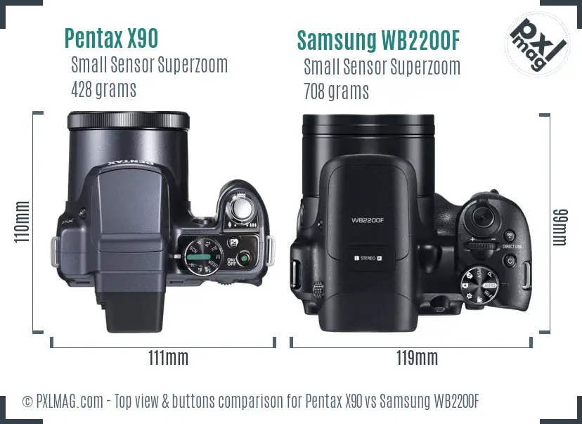 Pentax X90 vs Samsung WB2200F top view buttons comparison
