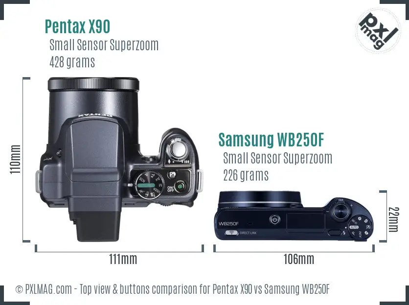 Pentax X90 vs Samsung WB250F top view buttons comparison
