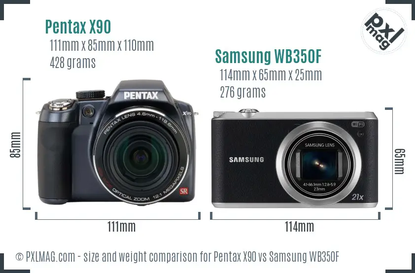 Pentax X90 vs Samsung WB350F size comparison