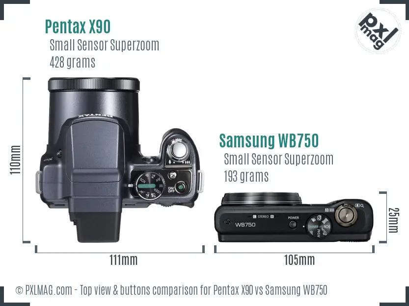 Pentax X90 vs Samsung WB750 top view buttons comparison
