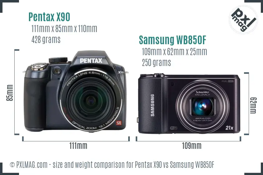 Pentax X90 vs Samsung WB850F size comparison