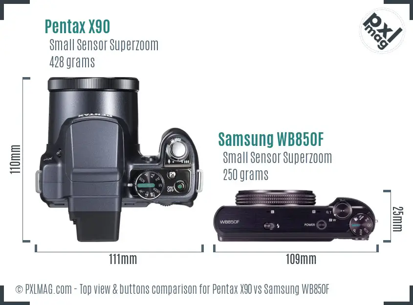 Pentax X90 vs Samsung WB850F top view buttons comparison