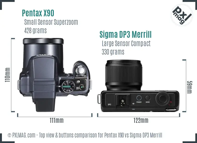 Pentax X90 vs Sigma DP3 Merrill top view buttons comparison