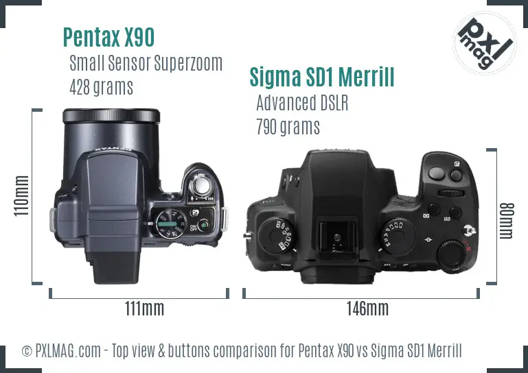 Pentax X90 vs Sigma SD1 Merrill top view buttons comparison