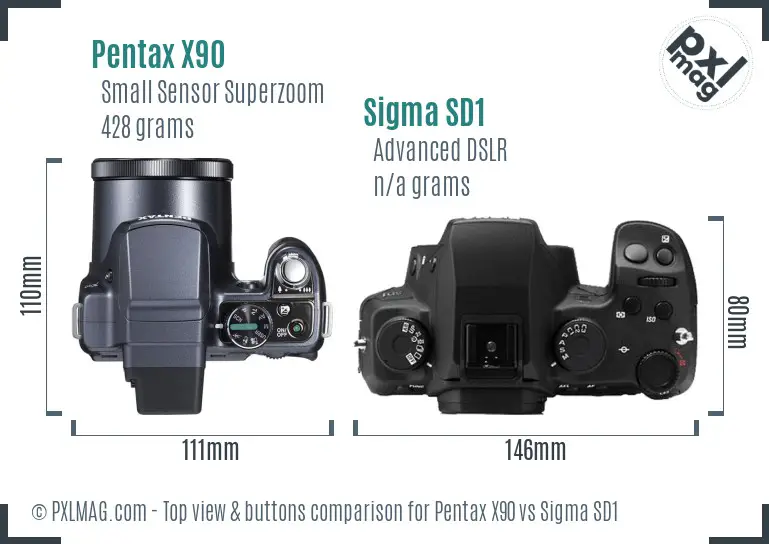 Pentax X90 vs Sigma SD1 top view buttons comparison