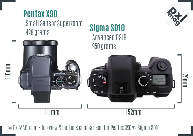 Pentax X90 vs Sigma SD10 top view buttons comparison