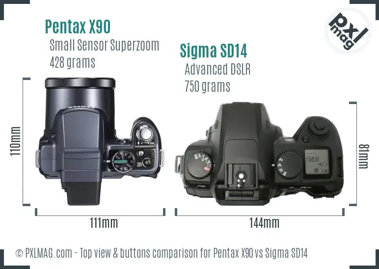 Pentax X90 vs Sigma SD14 top view buttons comparison